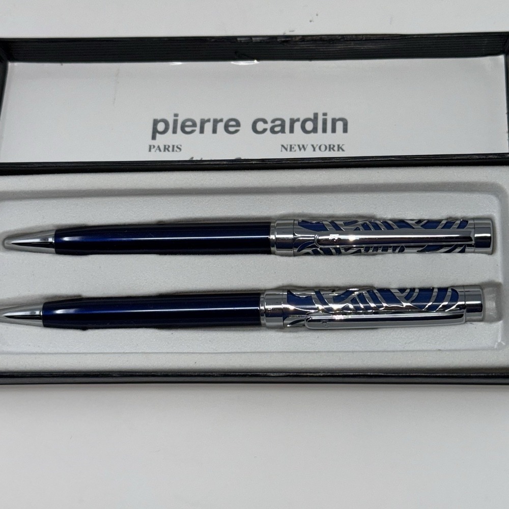 Vtg Pierre Cardin Blue Lacquer & Chrome Filigree Pen Set